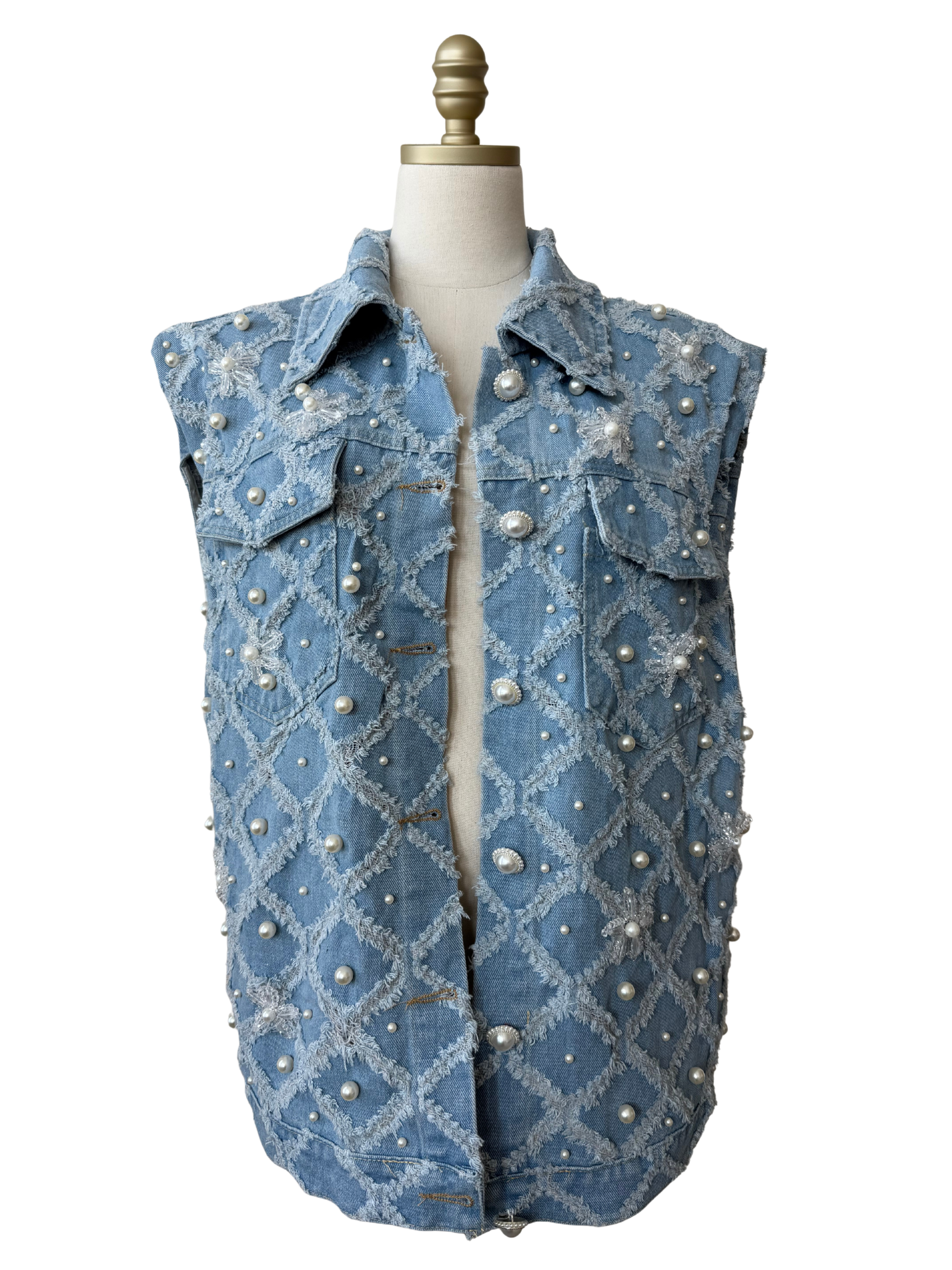 Diamente Fringed & Multi-Pearled Denim Vest