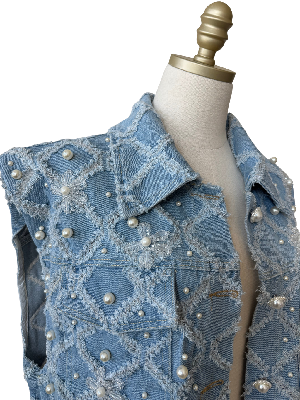 Diamente Fringed & Multi-Pearled Denim Vest