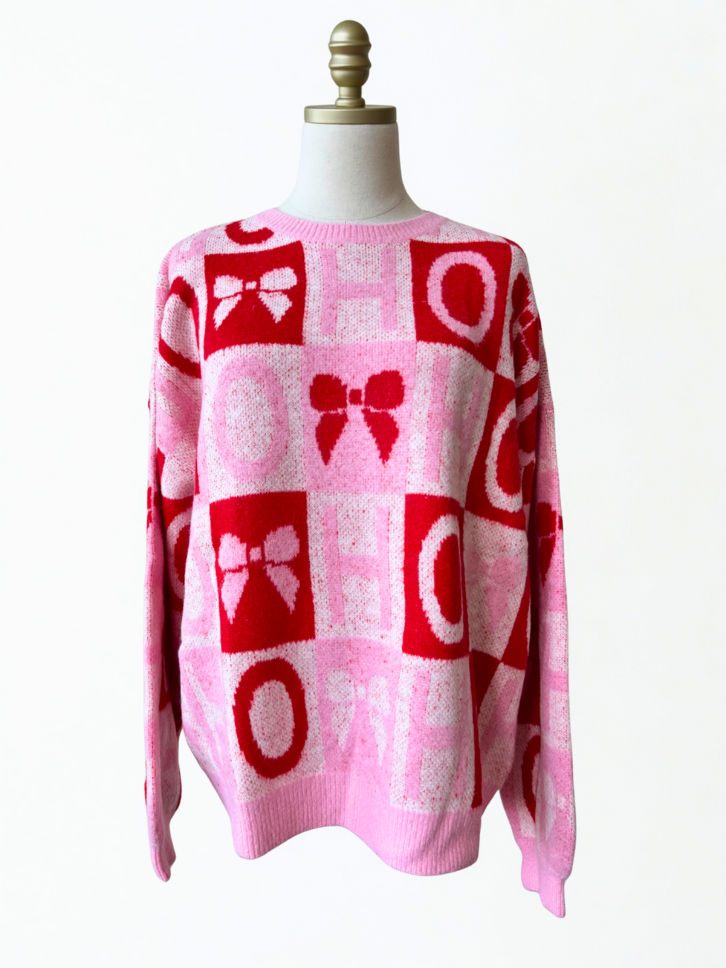 Bow and "HO" Color Block Christmas Sweater