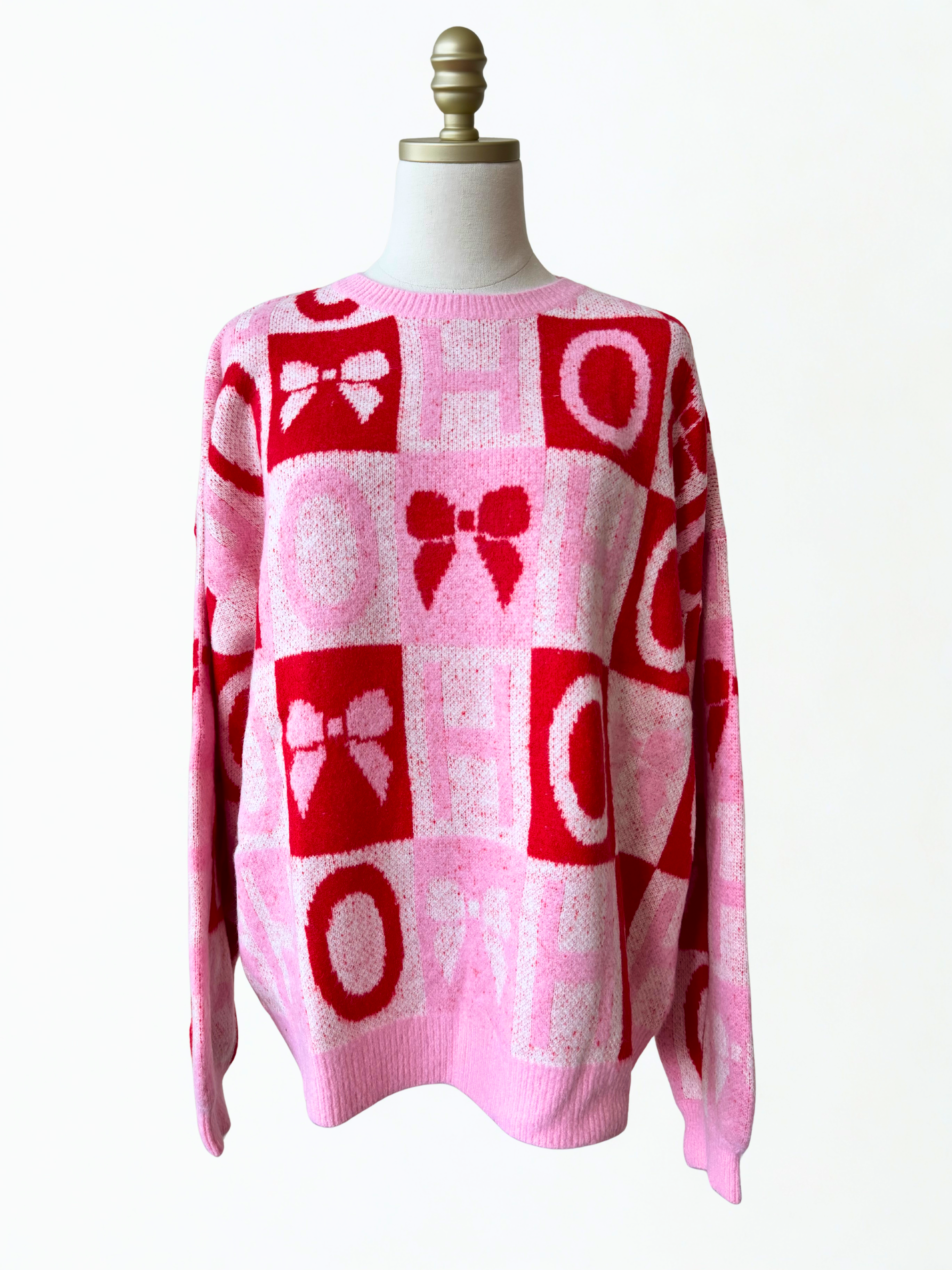Bow and "HO" Color Block Christmas Sweater